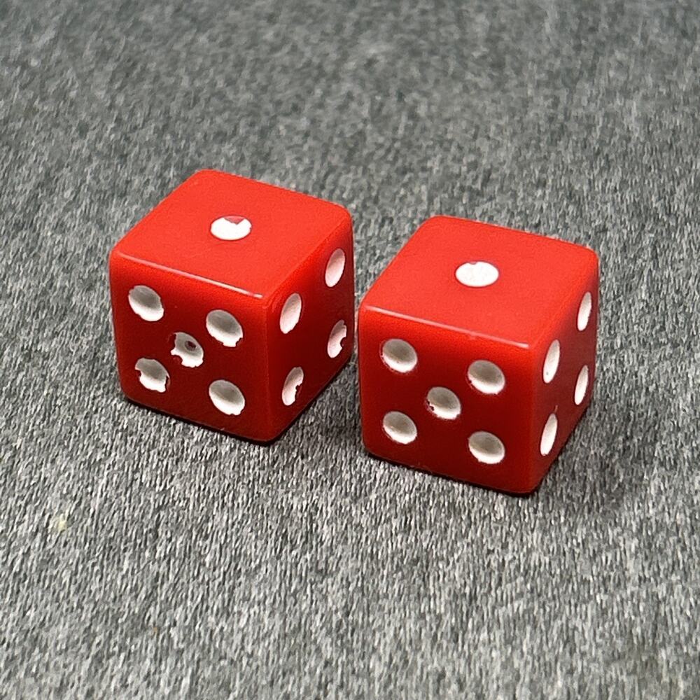 Old Red Dice Set 2pc White Dots 5/8" D6 Opaque Vintage Board Game Replacement